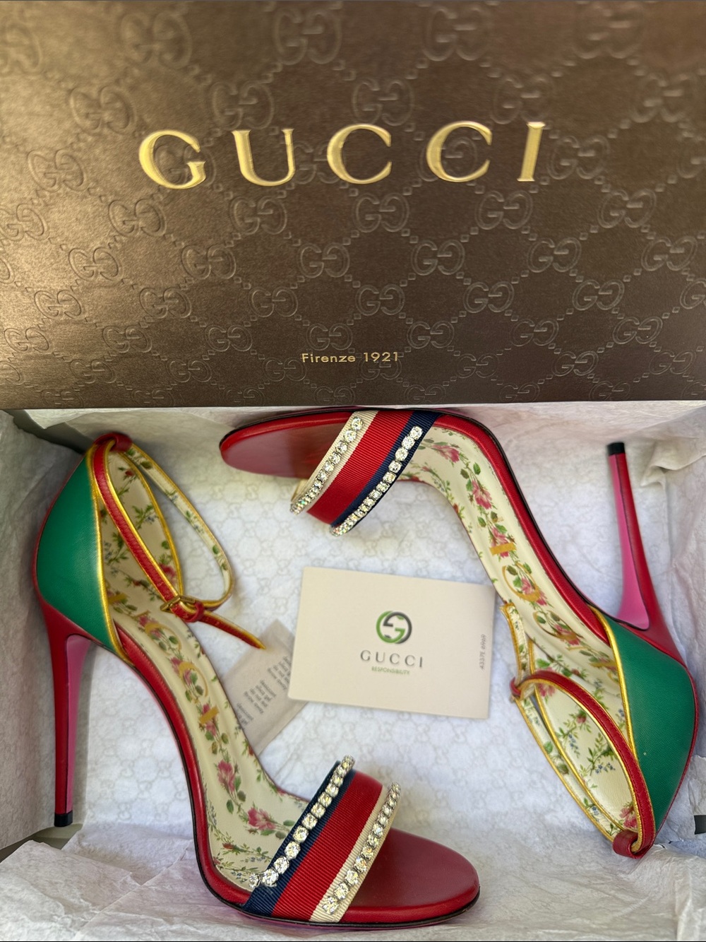 Gucci Limited Edition Red/Blue/Green Heels with Crystal Details in the Box